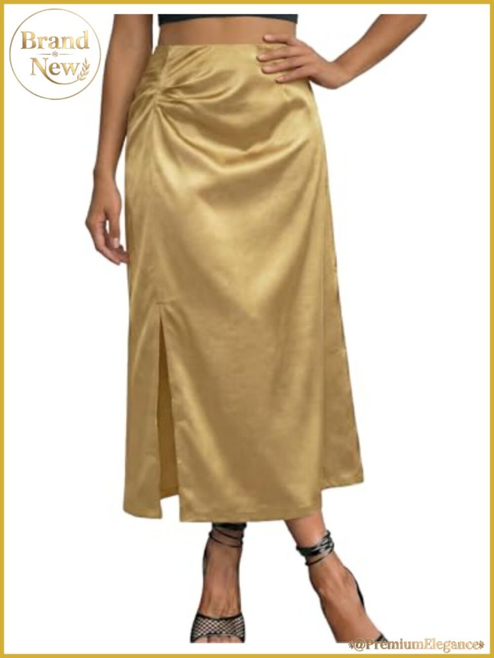 Silk Satin High Waisted Midi Skirt with Slit - Women's Long Skirt, Size S